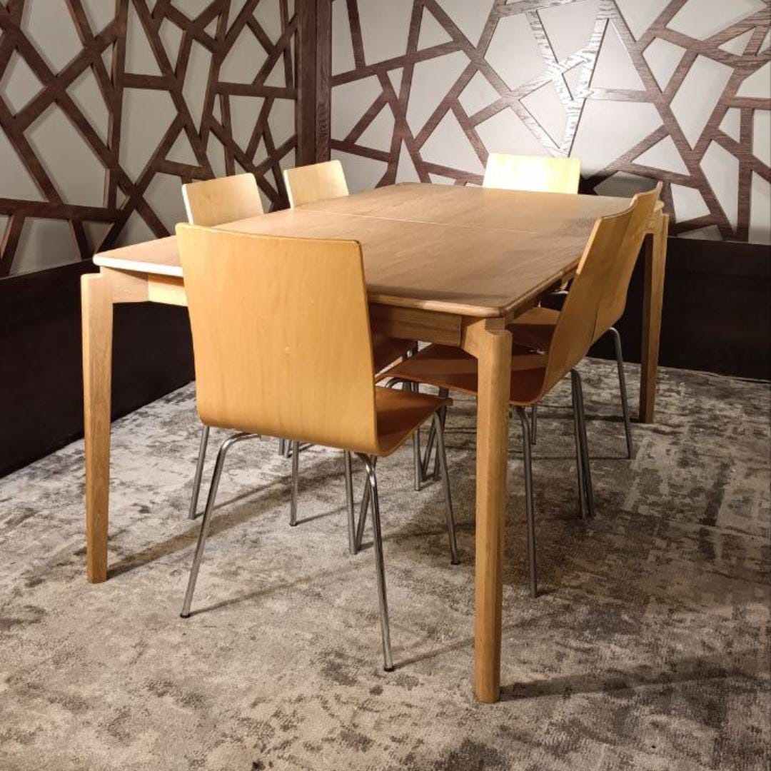 The Rowan Dining Set, Modern Revival Collection, Extendable Oak Table and Eight Bentwood Chairs