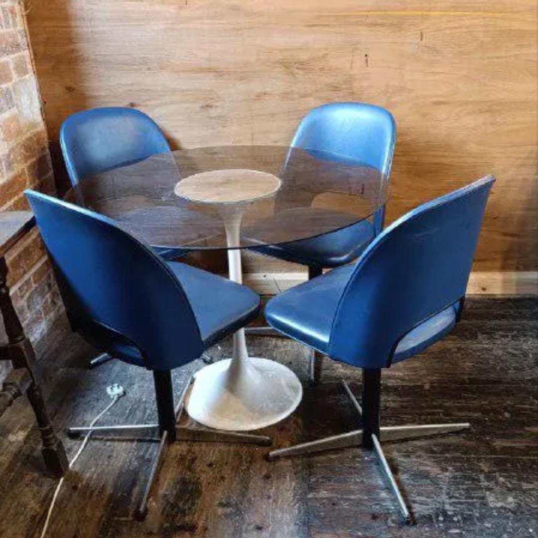 Mid Century West German Dining Table with Four Swivel Chairs in Blue Upholstery