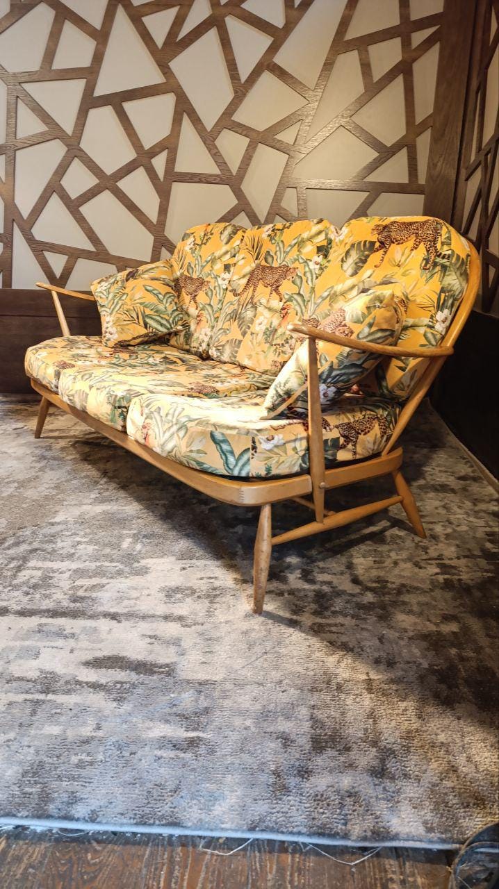 Vintage Ercol 203 Three-Seater Sofa – Newly Upholstered in Jungle Velvet
