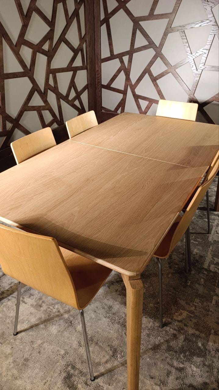 The Rowan Dining Set, Modern Revival Collection, Extendable Oak Table and Eight Bentwood Chairs