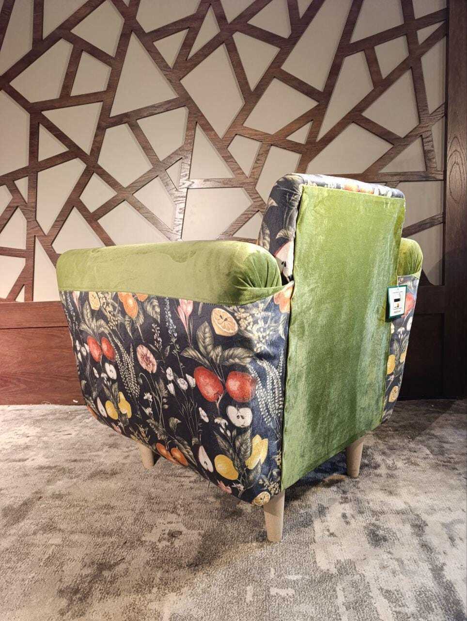 Moss-Green Velvet Lounge Chair with Clarke & Clarke Botanica Fabric — photograph 4