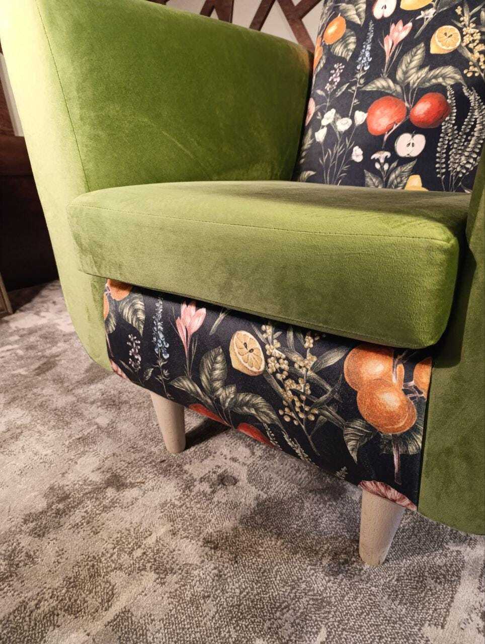 Moss-Green Velvet Lounge Chair with Clarke & Clarke Botanica Fabric — photograph 7