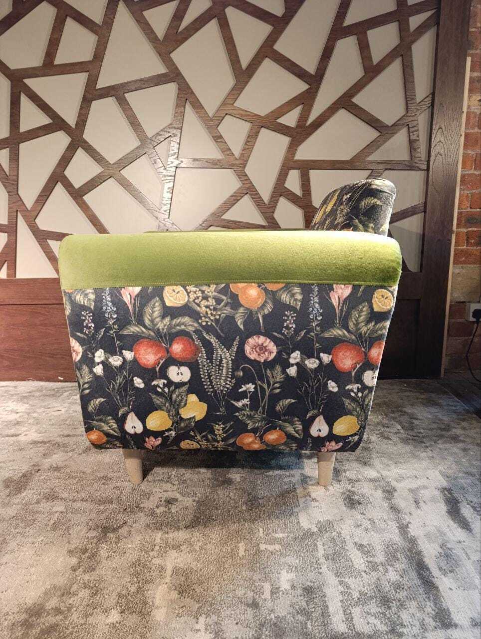 Moss-Green Velvet Lounge Chair with Clarke & Clarke Botanica Fabric — photograph 5