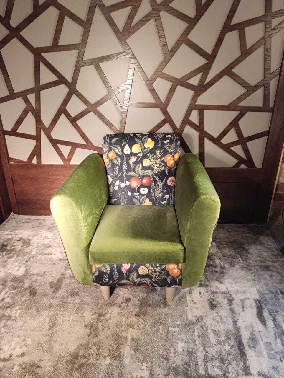 Moss-Green Velvet Lounge Chair with Clarke & Clarke Botanica Fabric — photograph 11