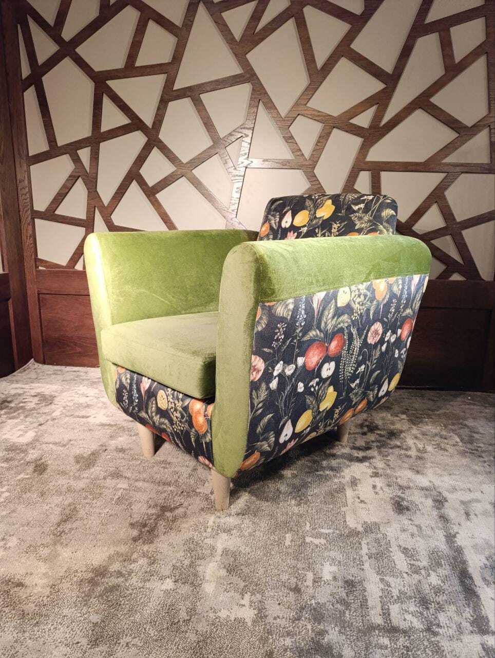 Moss-Green Velvet Lounge Chair with Clarke & Clarke Botanica Fabric — photograph 1