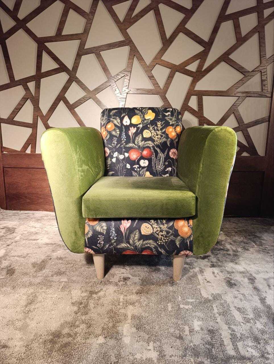 Moss-Green Velvet Lounge Chair with Clarke & Clarke Botanica Fabric — photograph 2