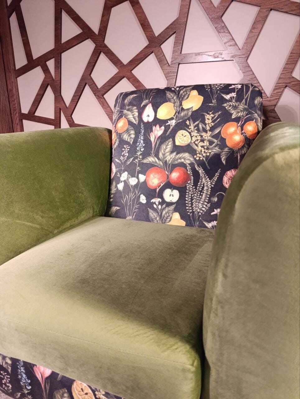Moss-Green Velvet Lounge Chair with Clarke & Clarke Botanica Fabric — photograph 8