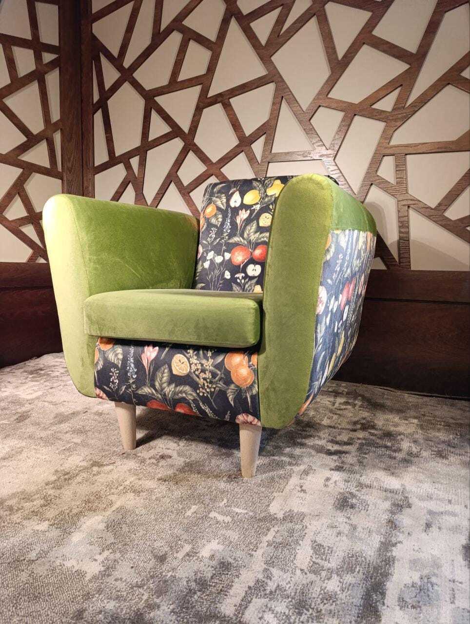 Moss-Green Velvet Lounge Chair with Clarke & Clarke Botanica Fabric — photograph 3