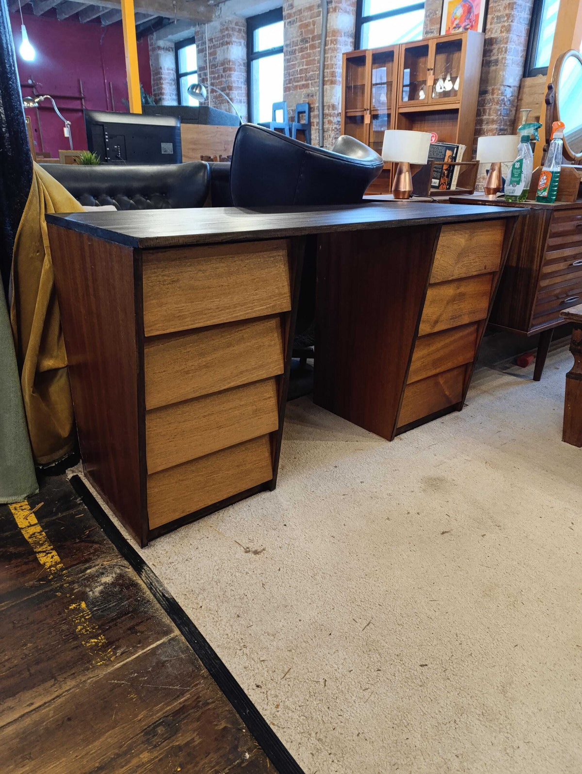 Teak Pedestal Desk with Ebonised Top, 1980s — photograph 2