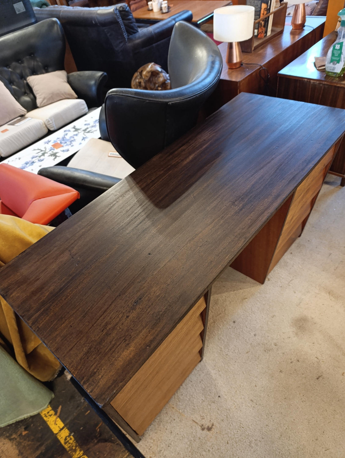 Teak Pedestal Desk with Ebonised Top, 1980s — photograph 8