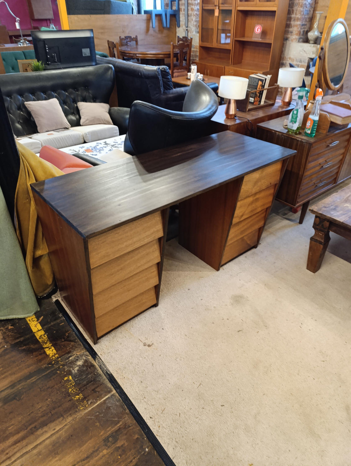 Teak Pedestal Desk with Ebonised Top, 1980s — photograph 3