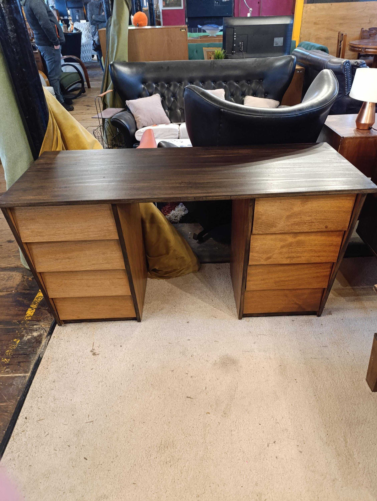 Teak Pedestal Desk with Ebonised Top, 1980s — photograph 6