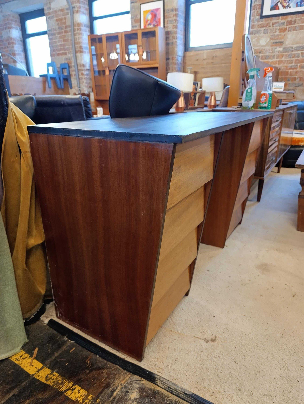 Teak Pedestal Desk with Ebonised Top, 1980s — photograph 7