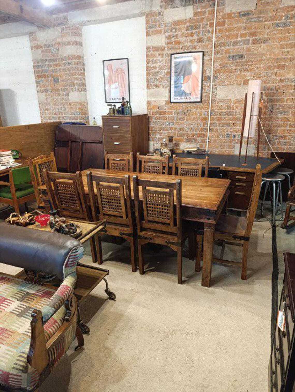 Hardwood Dining Table and Eight Chairs with Ironwork — photograph 3