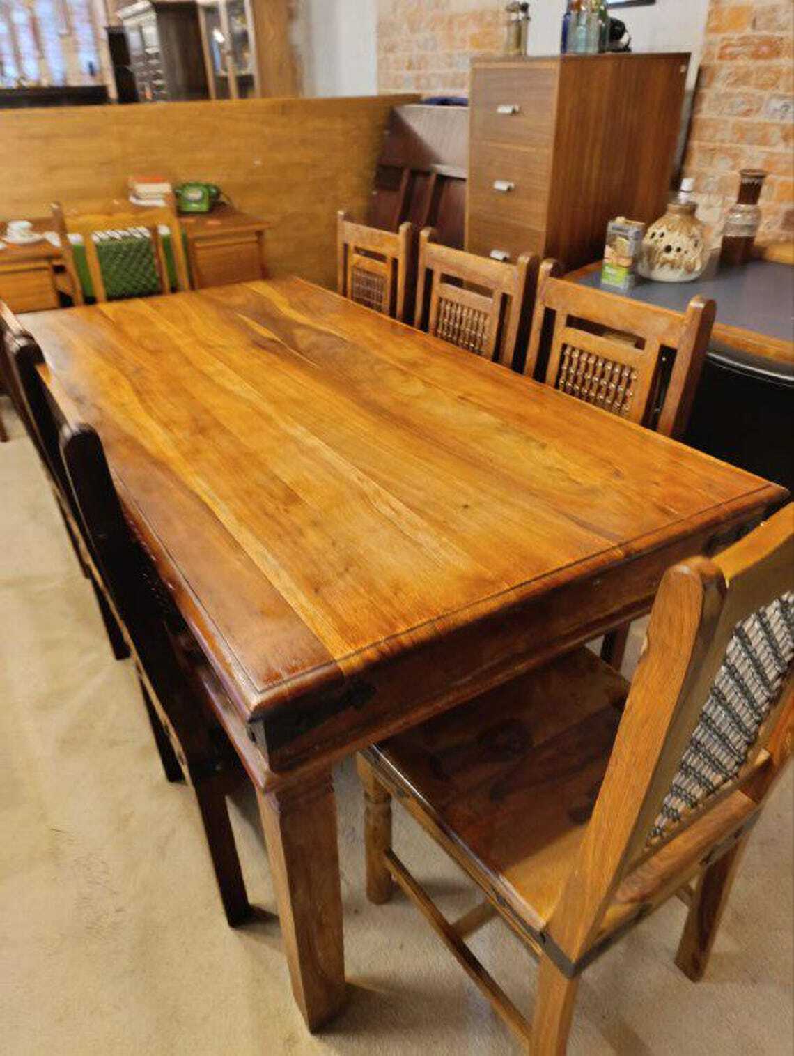 Hardwood Dining Table and Eight Chairs with Ironwork — photograph 4