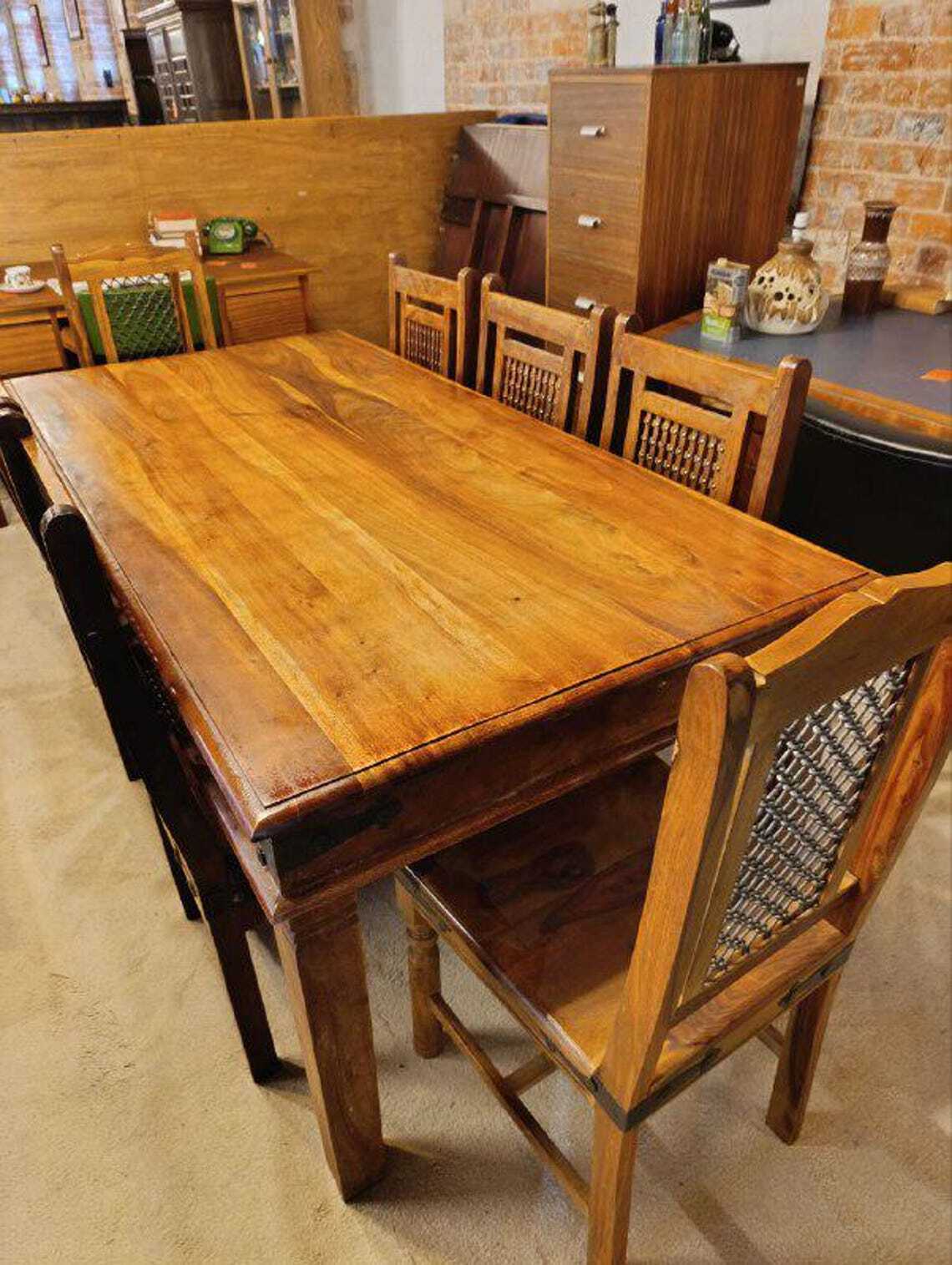 Hardwood Dining Table and Eight Chairs with Ironwork — photograph 2