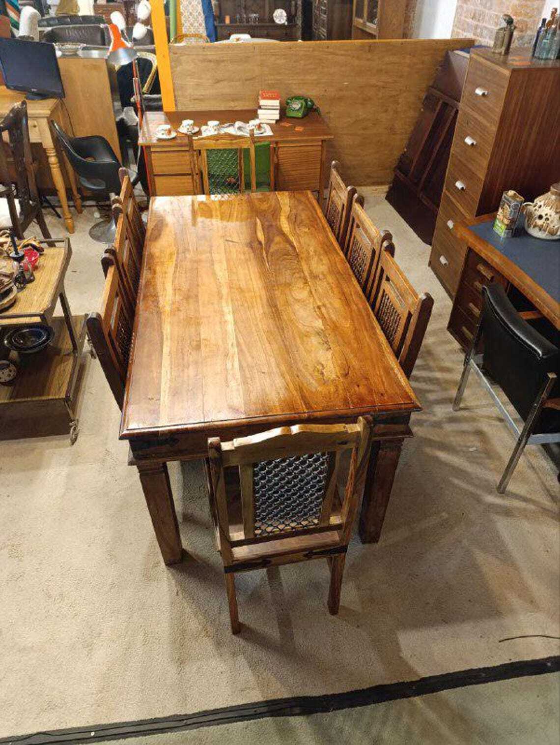 Hardwood Dining Table and Eight Chairs with Ironwork — photograph 7