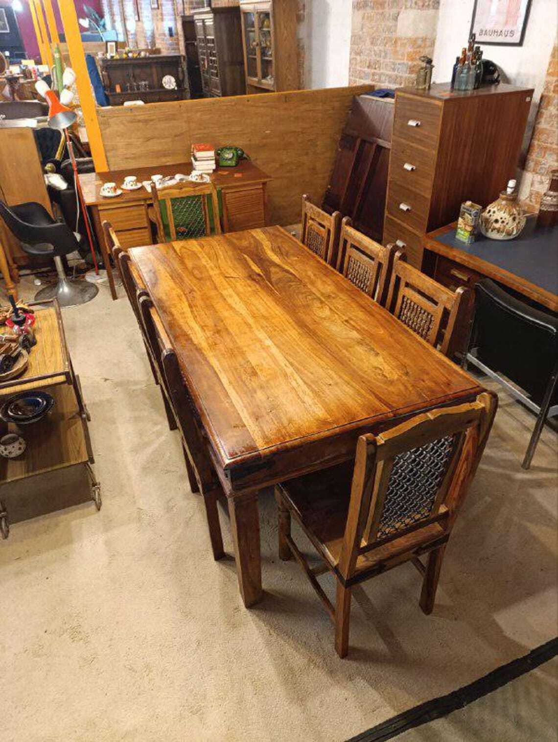 Hardwood Dining Table and Eight Chairs with Ironwork — photograph 6