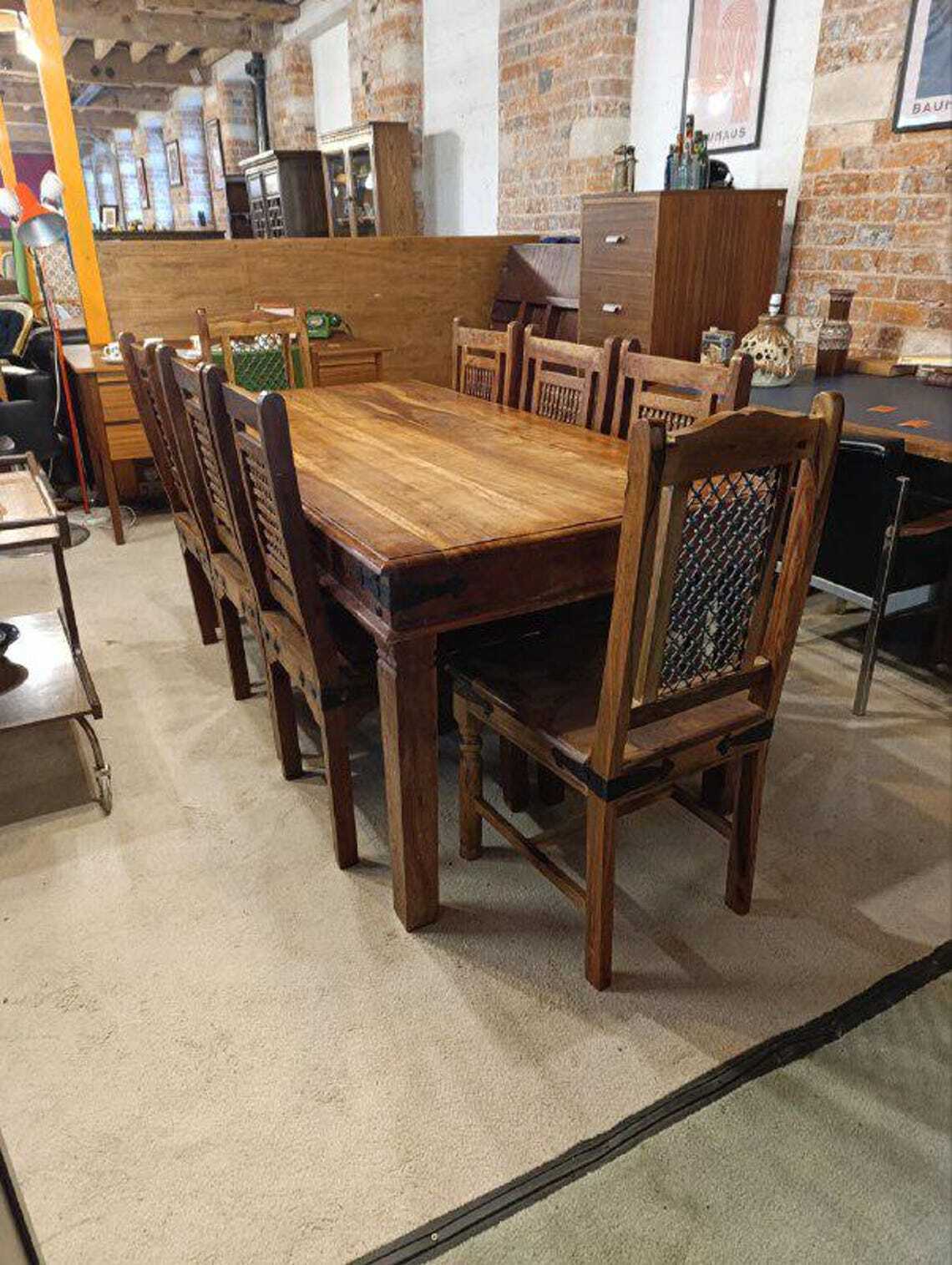 Hardwood Dining Table and Eight Chairs with Ironwork — photograph 10