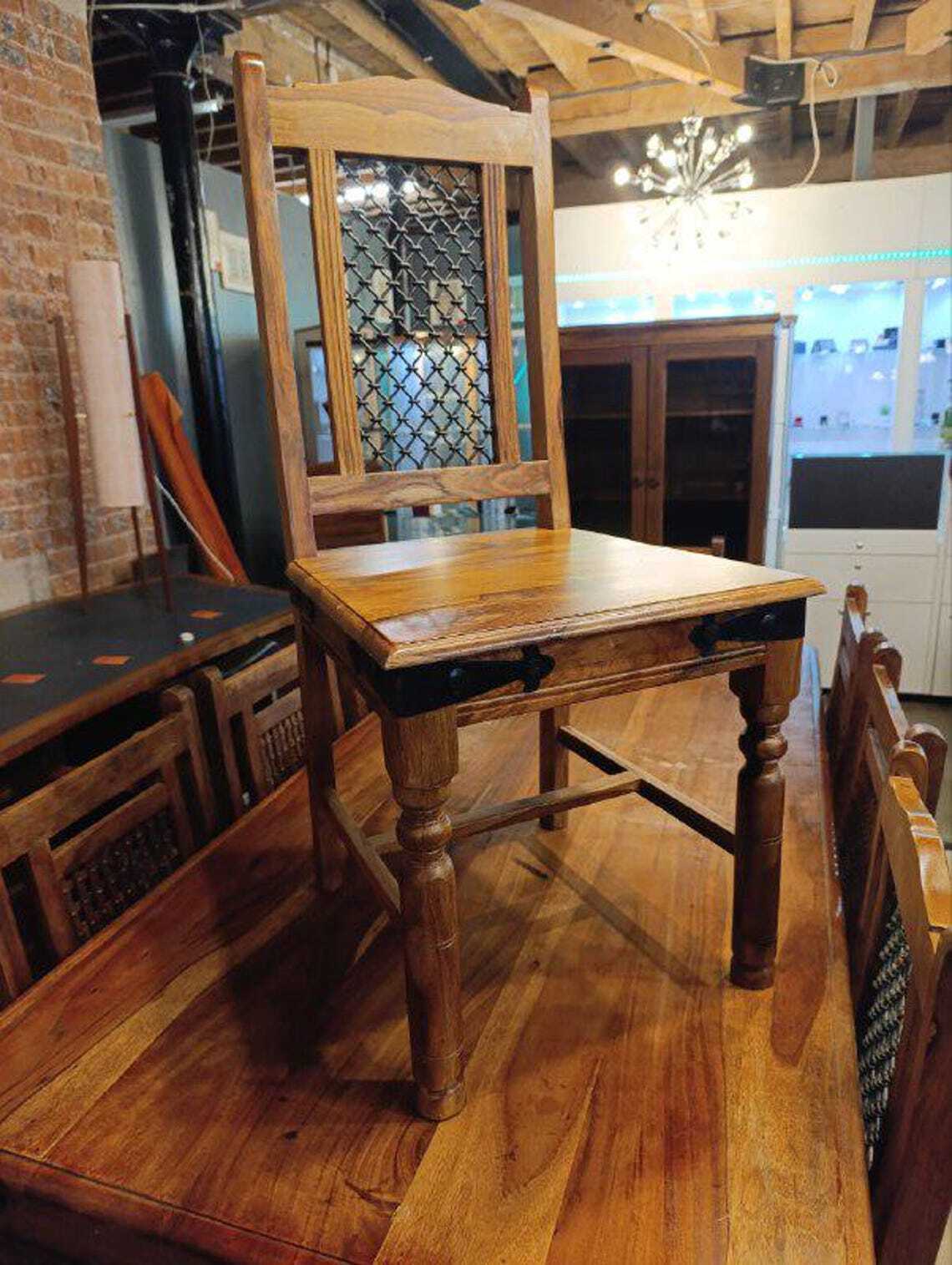 Hardwood Dining Table and Eight Chairs with Ironwork — photograph 15