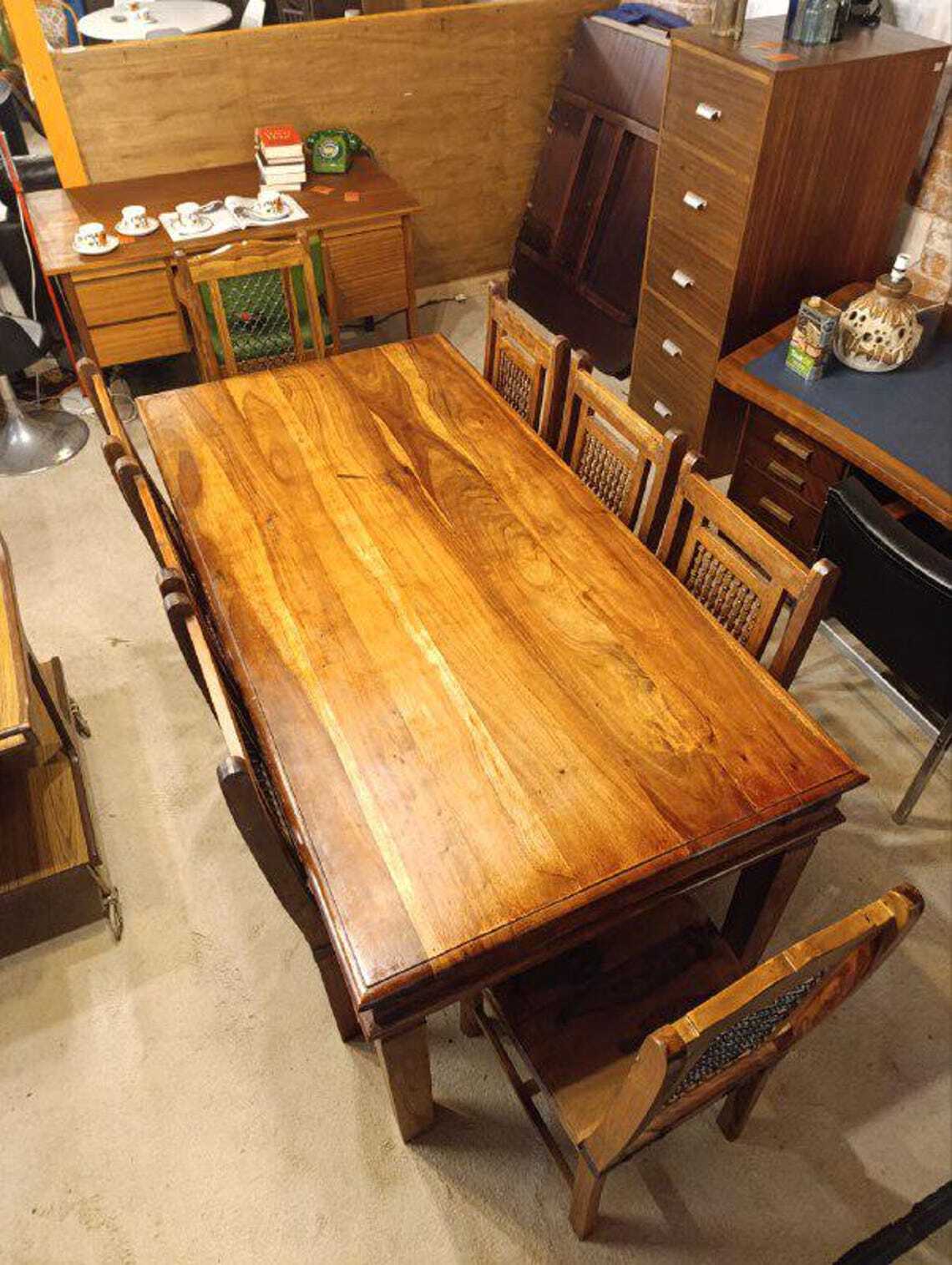 Hardwood Dining Table and Eight Chairs with Ironwork — photograph 5