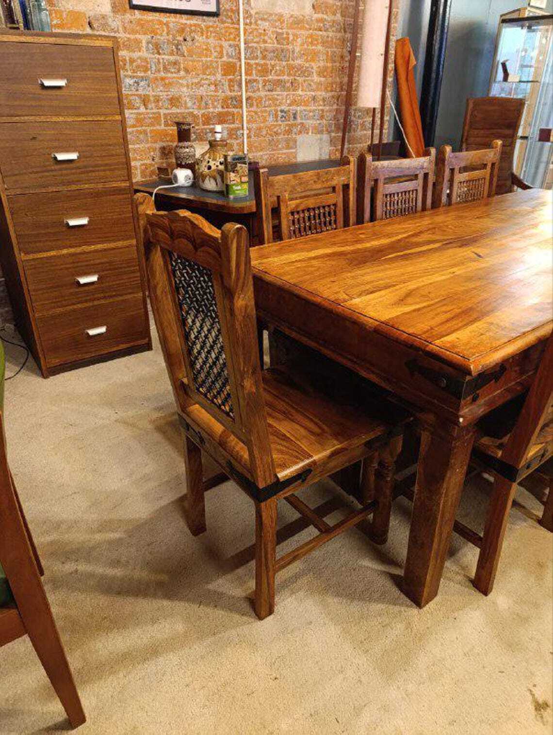 Hardwood Dining Table and Eight Chairs with Ironwork — photograph 14