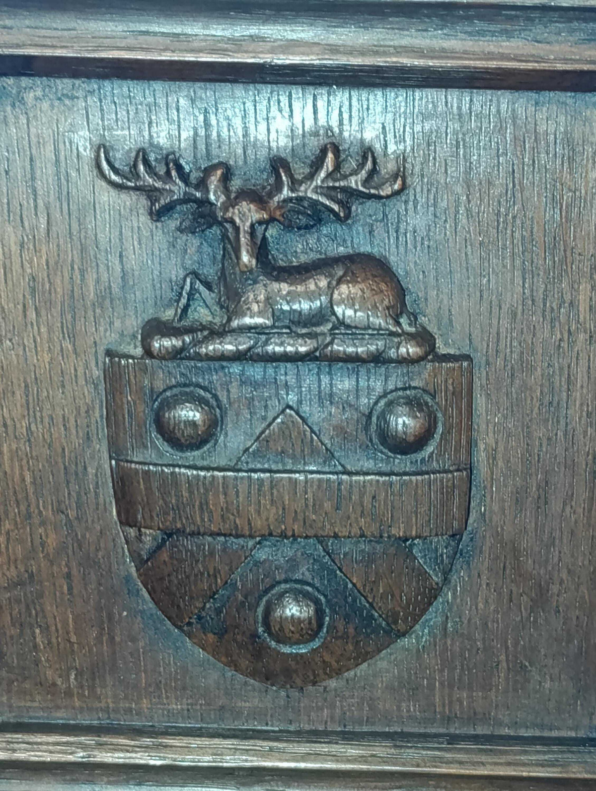 Tudor Revival Oak Coffer with Heraldic Carving — photograph 13