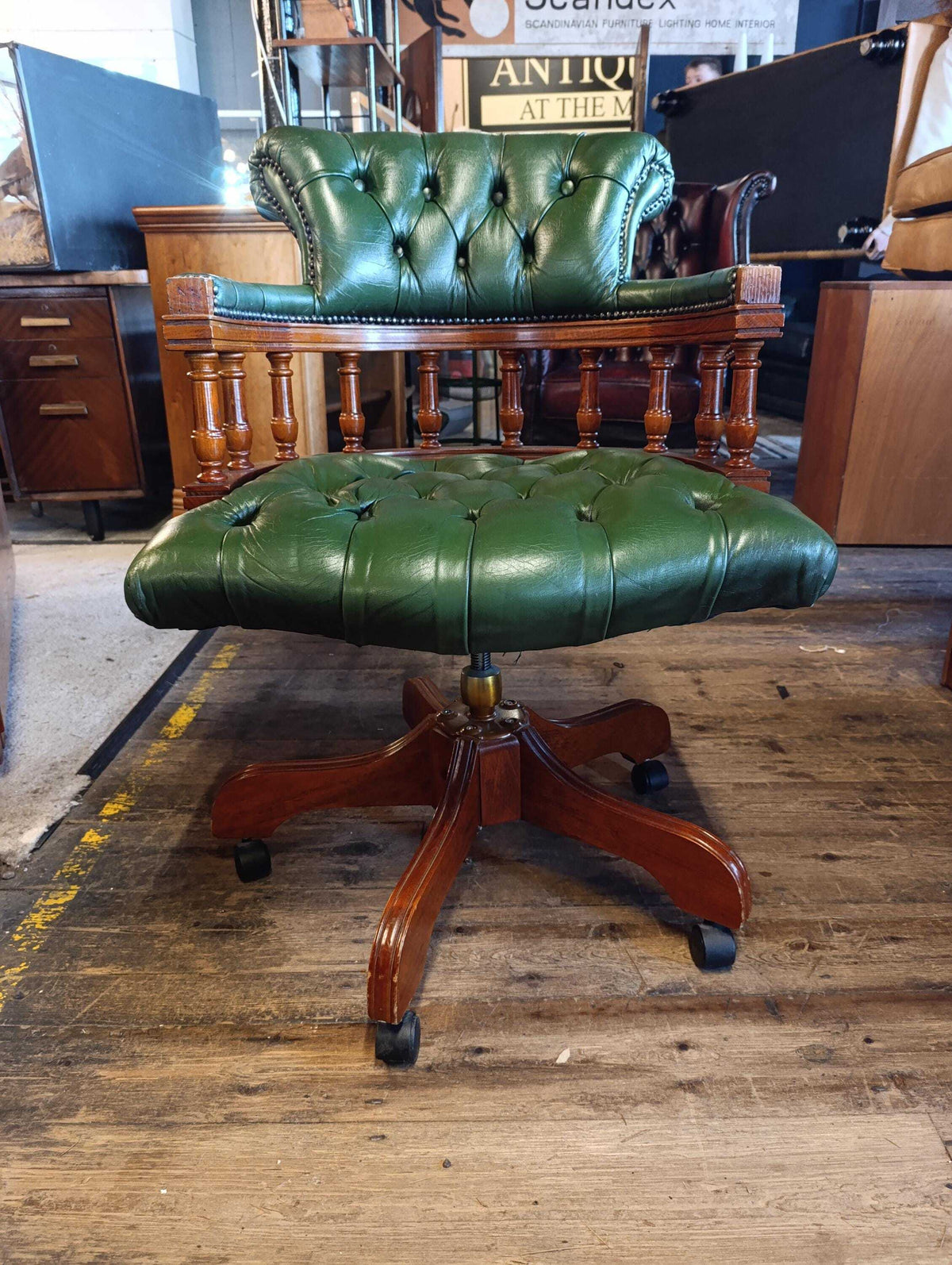 Victorian-Style Green Leather Captain’s Swivel Desk Chair — photograph 1