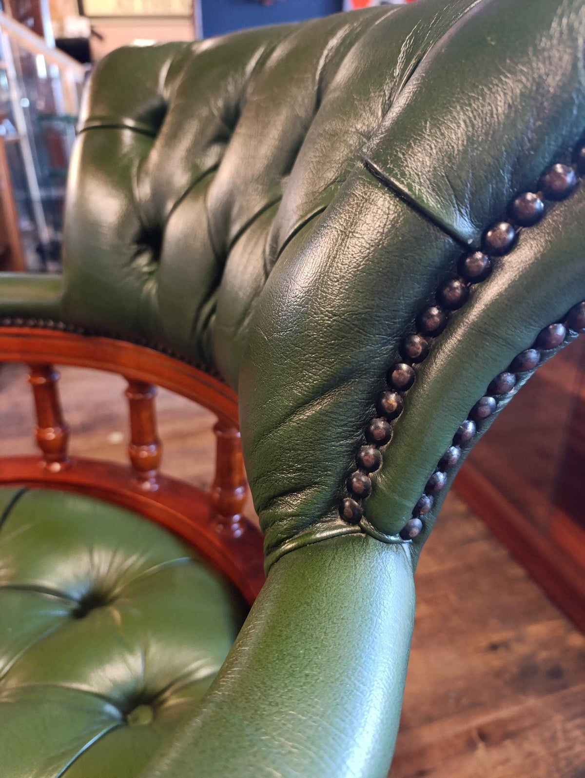 Victorian-Style Green Leather Captain’s Swivel Desk Chair — photograph 7
