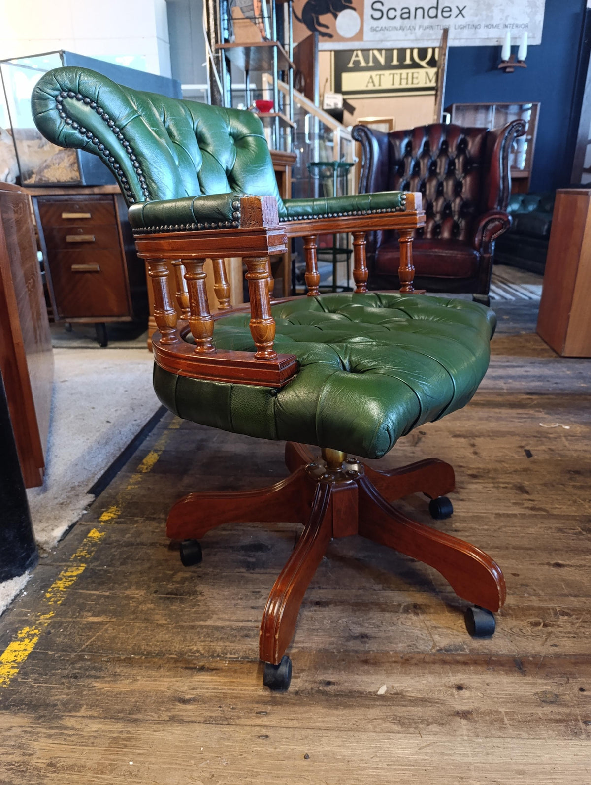 Victorian-Style Green Leather Captain’s Swivel Desk Chair — photograph 2