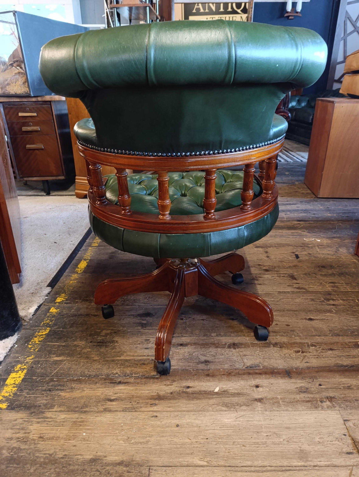 Victorian-Style Green Leather Captain’s Swivel Desk Chair — photograph 5