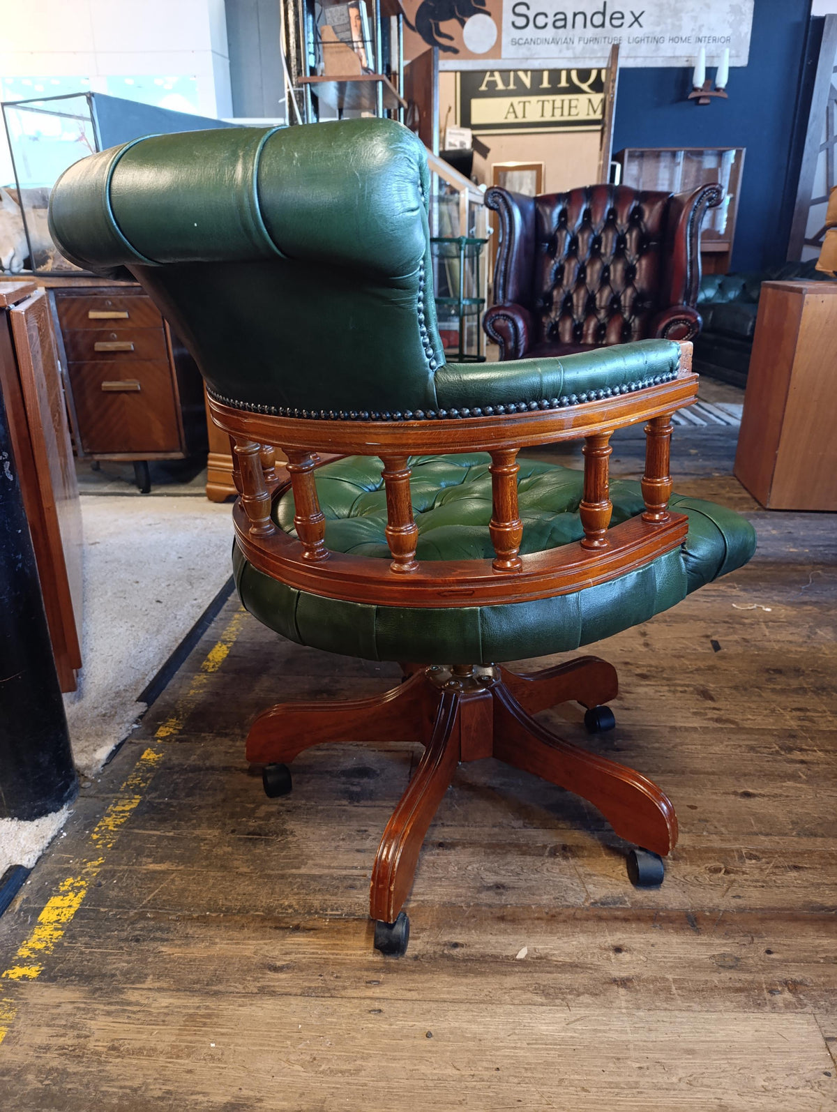 Victorian-Style Green Leather Captain’s Swivel Desk Chair — photograph 4