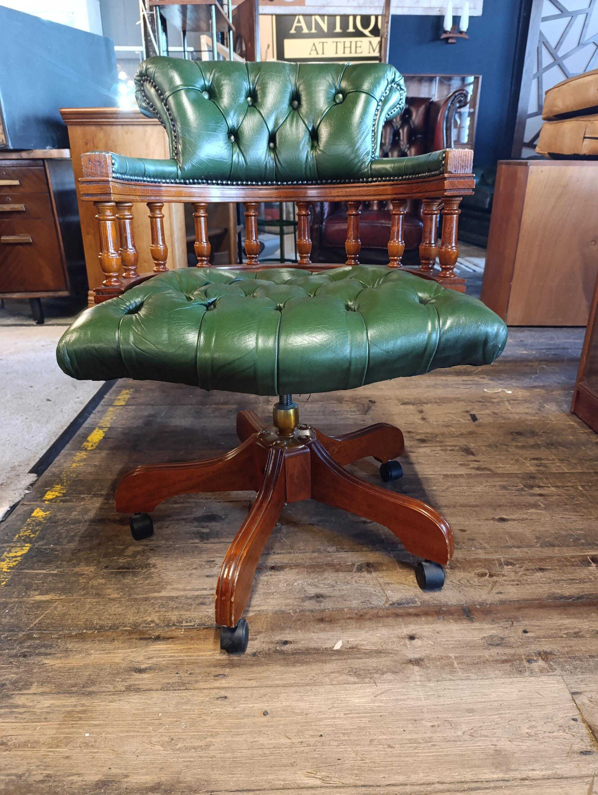 Victorian-Style Green Leather Captain’s Swivel Desk Chair — photograph 3