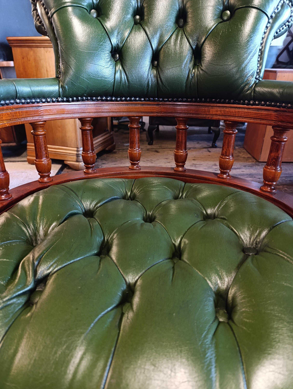 Victorian-Style Green Leather Captain’s Swivel Desk Chair — photograph 9