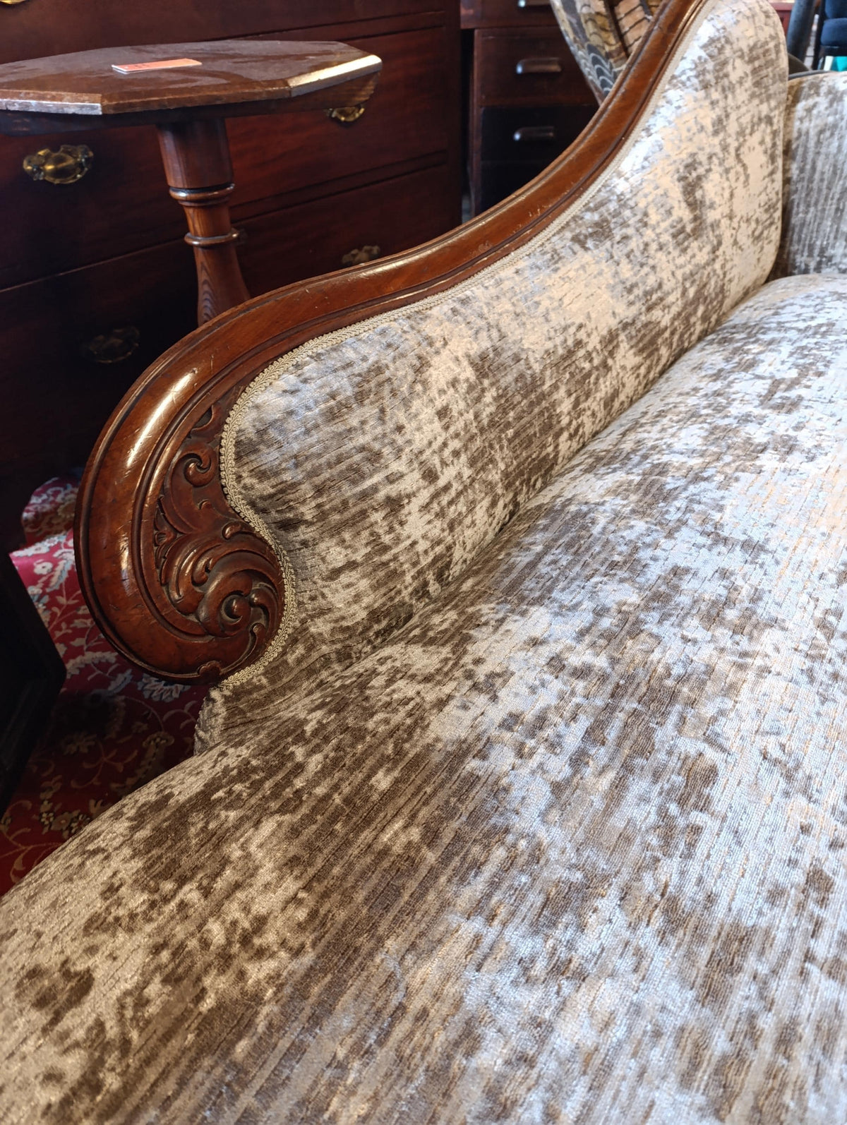 Victorian Walnut Chaise Longue in Neutral Chenille — photograph 10