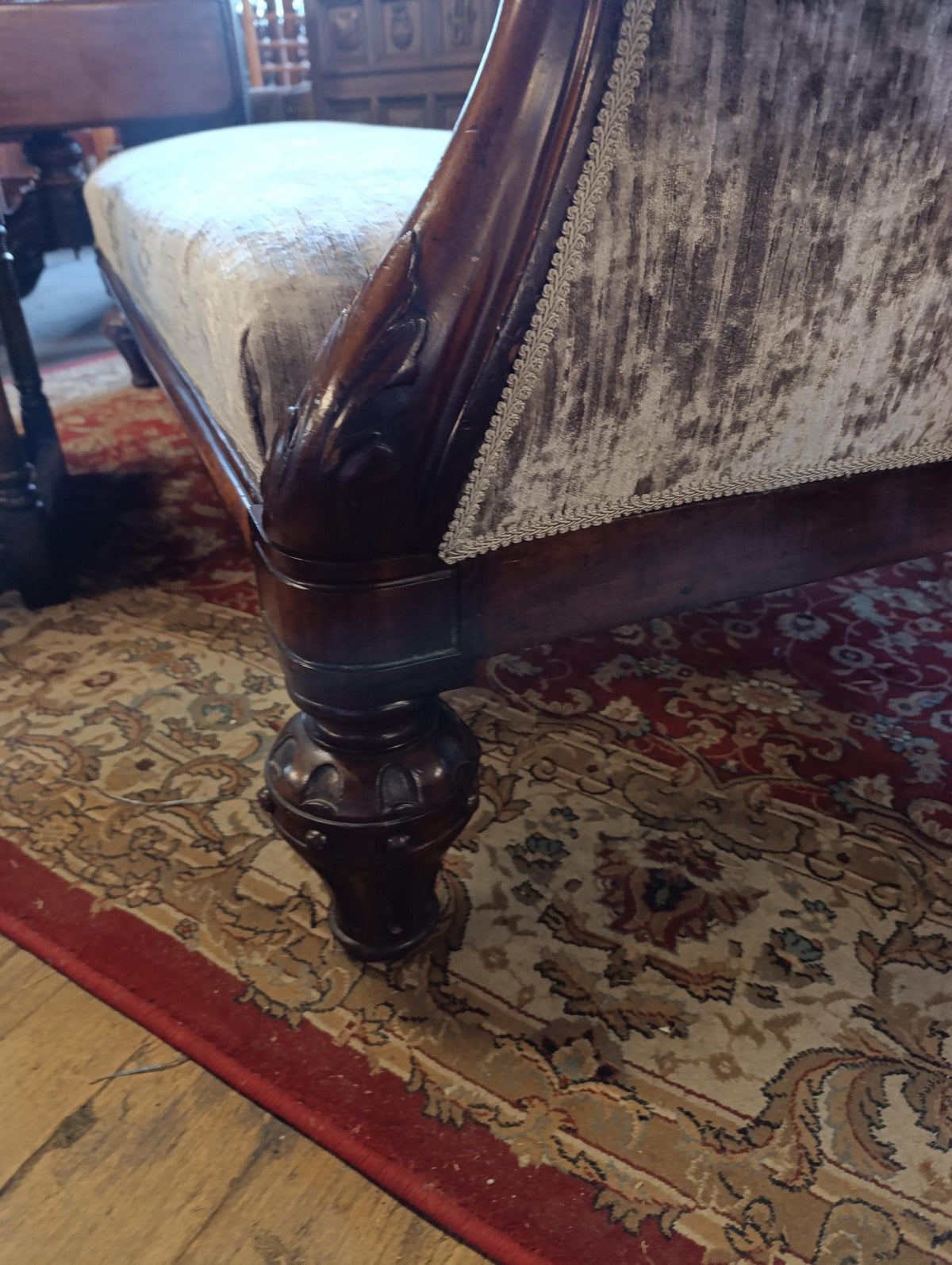 Victorian Walnut Chaise Longue in Neutral Chenille — photograph 4