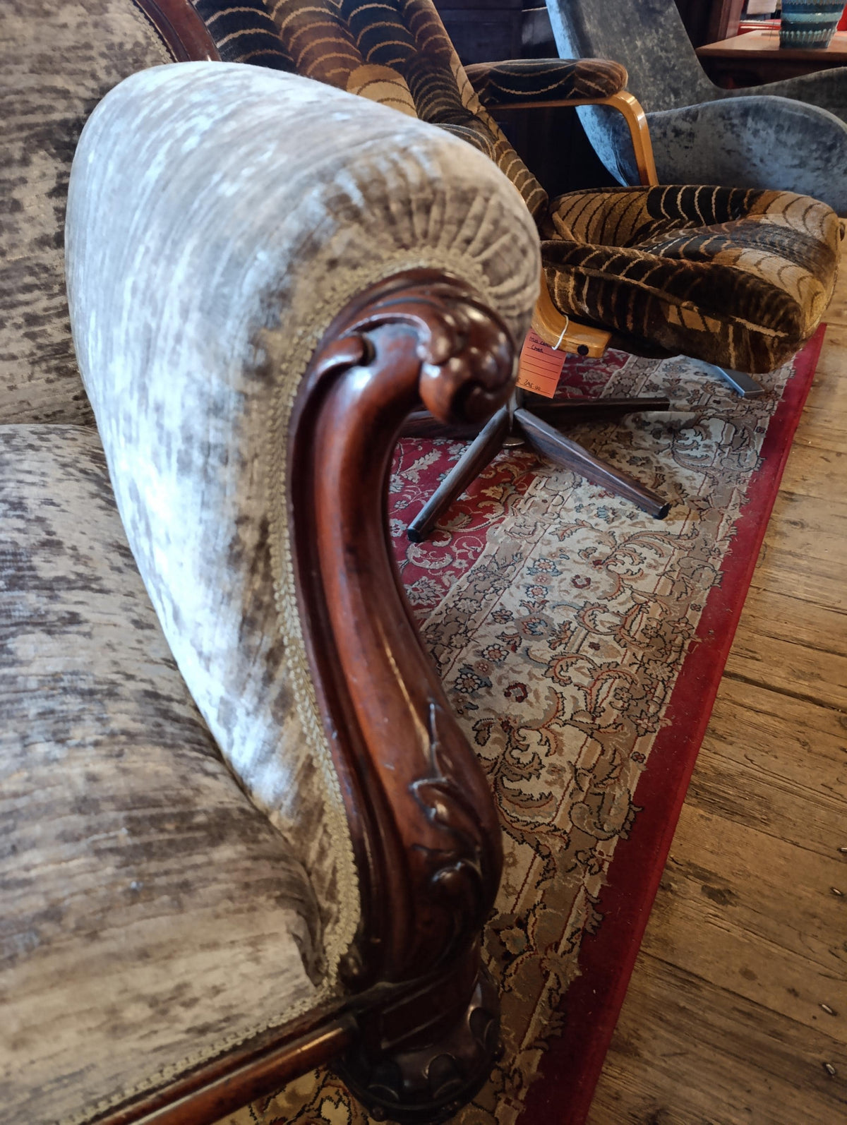 Victorian Walnut Chaise Longue in Neutral Chenille — photograph 7