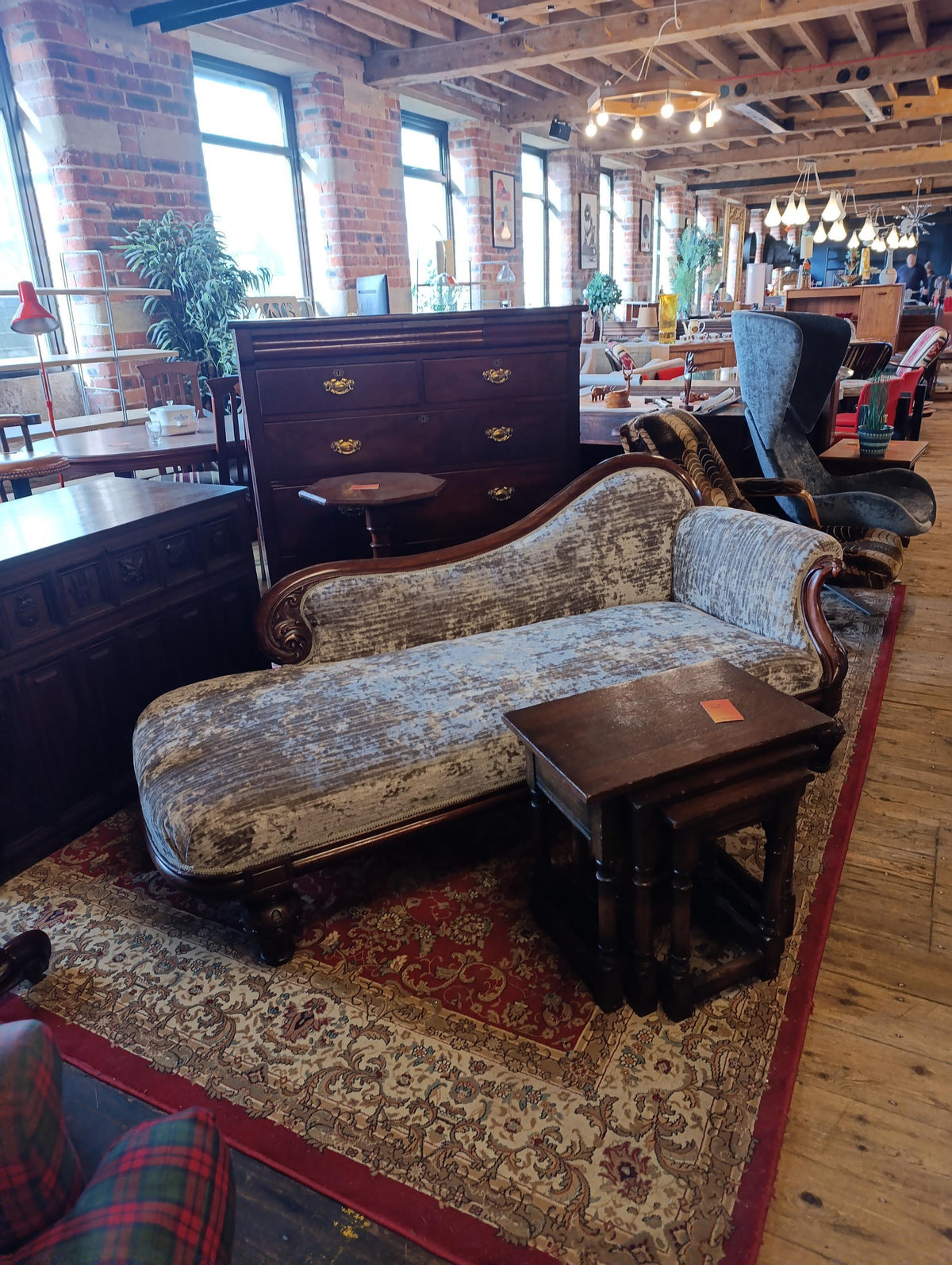 Victorian Walnut Chaise Longue in Neutral Chenille — photograph 1