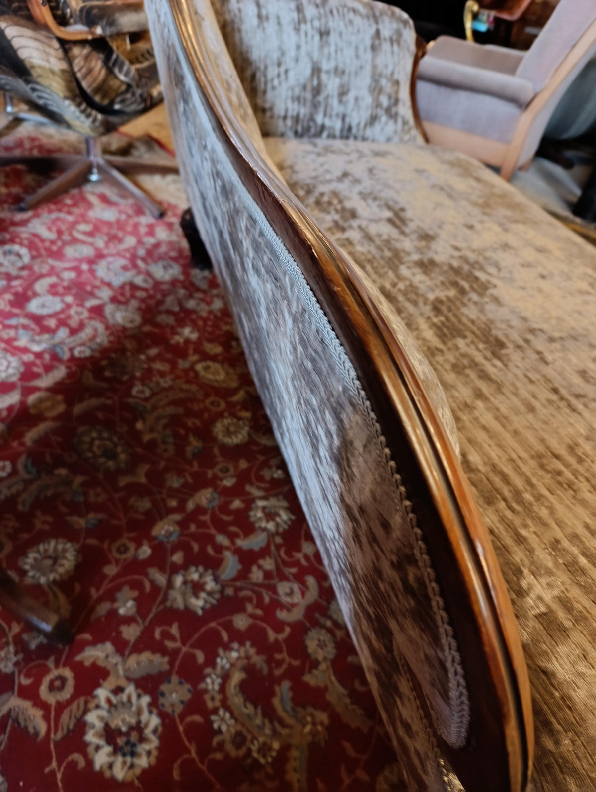 Victorian Walnut Chaise Longue in Neutral Chenille — photograph 3