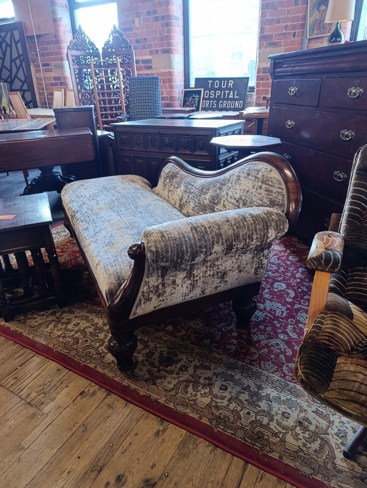 Victorian Walnut Chaise Longue in Neutral Chenille — photograph 2
