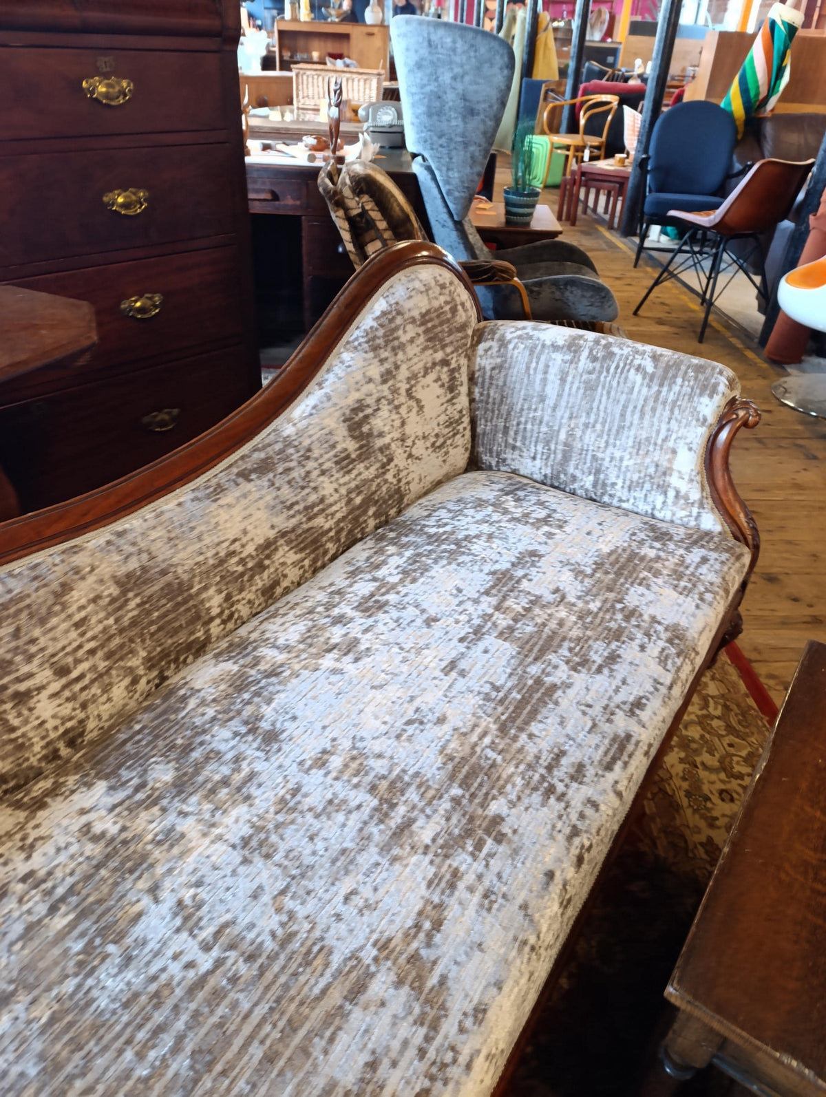 Victorian Walnut Chaise Longue in Neutral Chenille — photograph 9