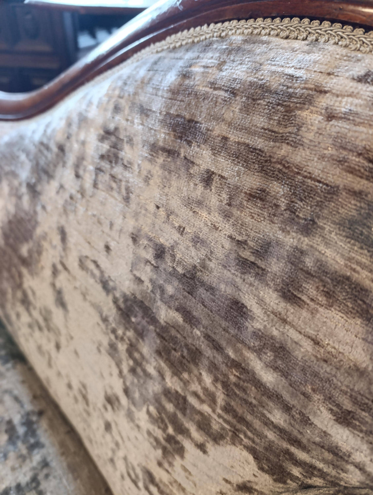 Victorian Walnut Chaise Longue in Neutral Chenille — photograph 6