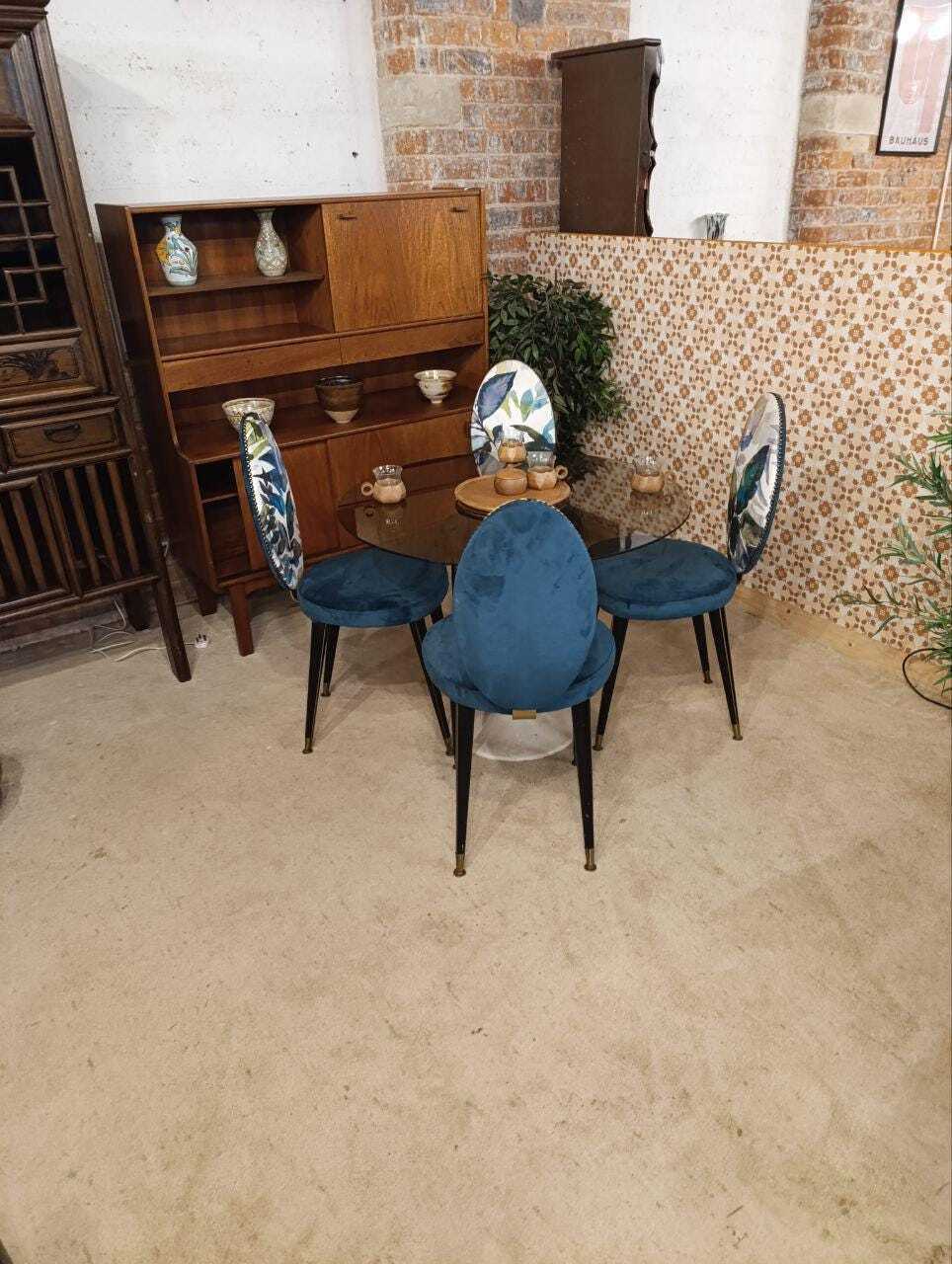 Glass Tulip Dining Table with Four Reupholstered Retro Chairs — photograph 2
