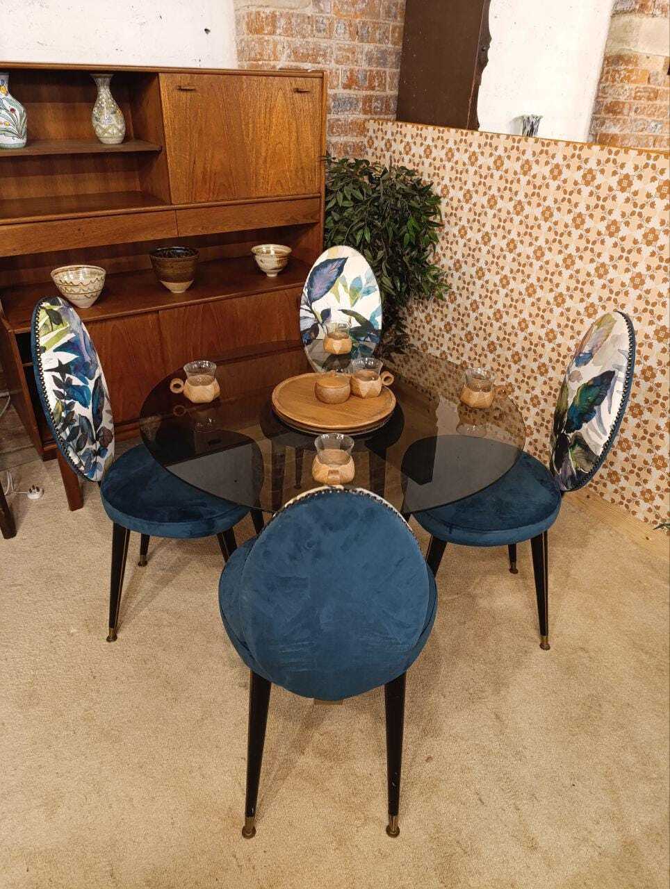 Glass Tulip Dining Table with Four Reupholstered Retro Chairs — photograph 1