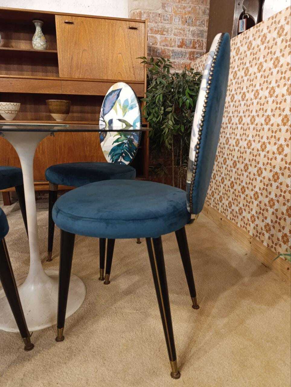 Glass Tulip Dining Table with Four Reupholstered Retro Chairs — photograph 5