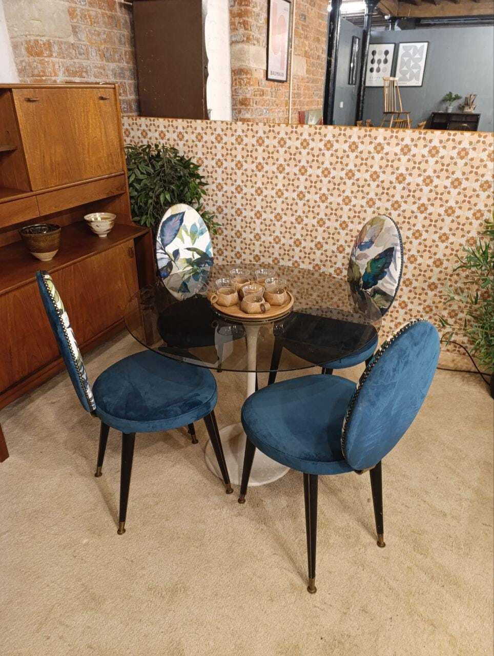 Glass Tulip Dining Table with Four Reupholstered Retro Chairs — photograph 3