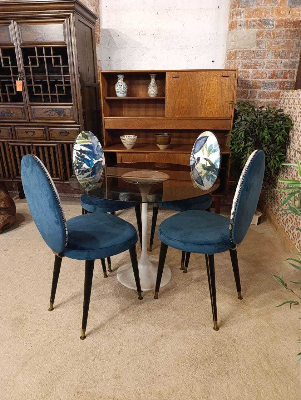 Glass Tulip Dining Table with Four Reupholstered Retro Chairs — photograph 4