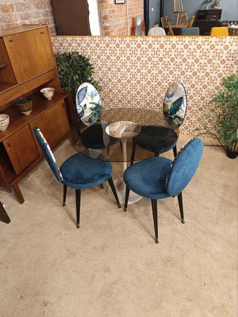 Glass Tulip Dining Table with Four Reupholstered Retro Chairs — photograph 7