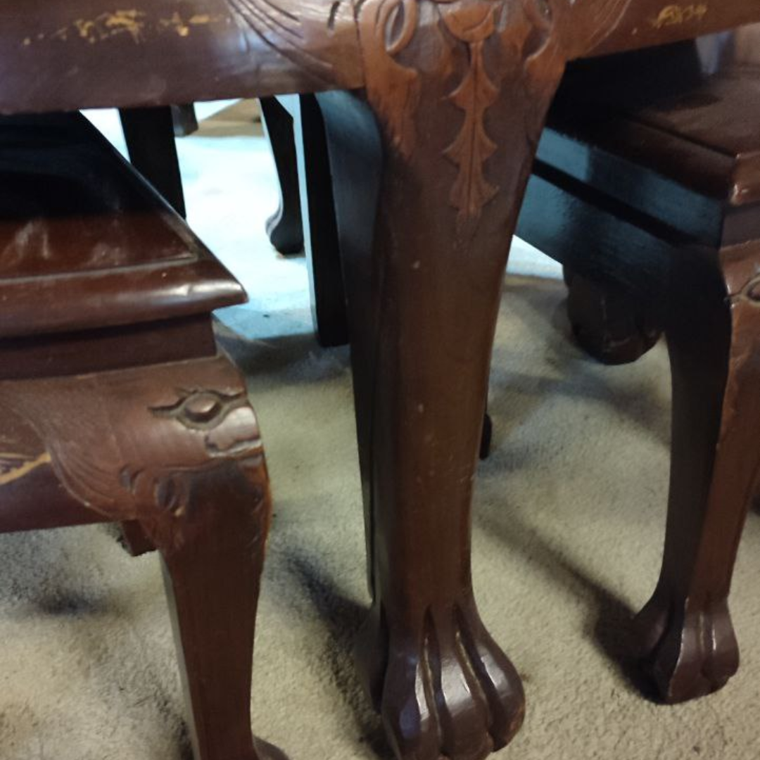 1940 s Chinese Tea Table with Hand Carved Jade and Four Mahogany Stools